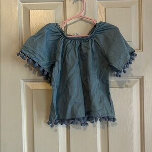 Arizona Jean Company Blue Off-Shoulder Blouse with Pom-Pom Trim